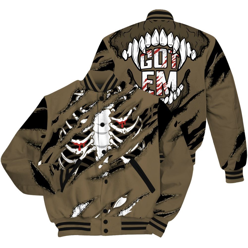 Varsity Jacket To Match Olive 9s Shirt, GOT 'EM Skeleton Scratch All Over Print