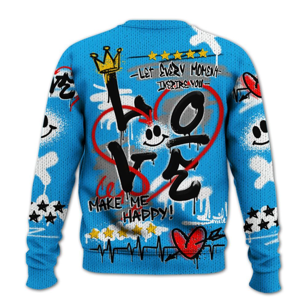 Knitted Sweater To Match Black University Blue 2022 13s - Happy Love Beats Graffiti Streetwear