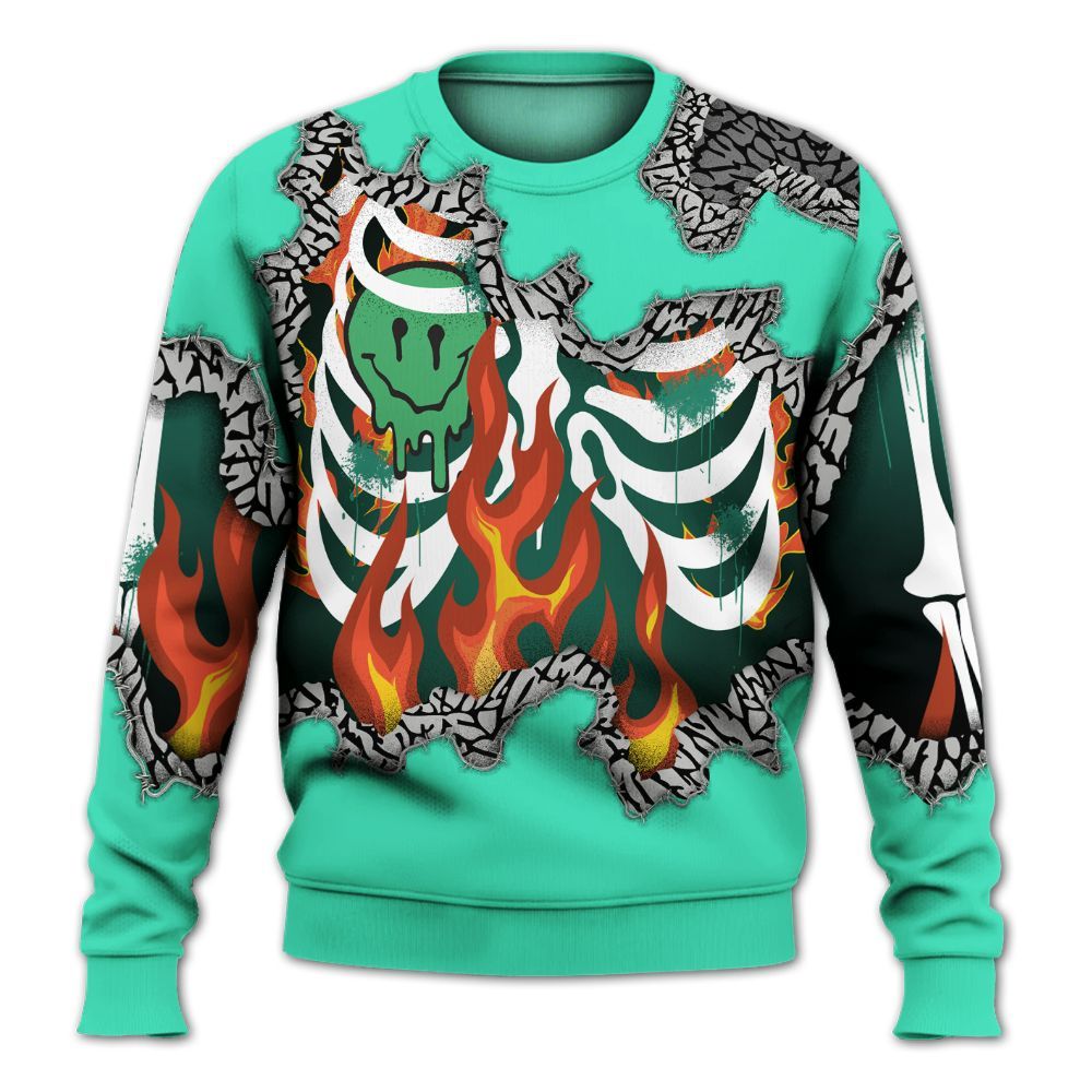 Sweatshirt To Match Black Green Glow 3s - Skeleton On Fire Skrrt Green Glow 3s All Over Print