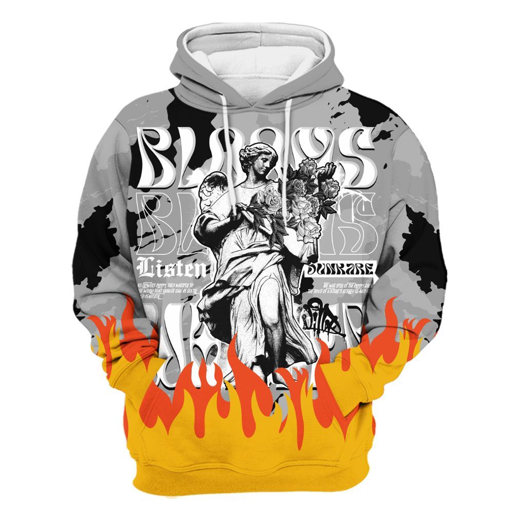 Hoodie To Match Black Wolf Grey 12s - Blooms Whisper Retro All Over Print