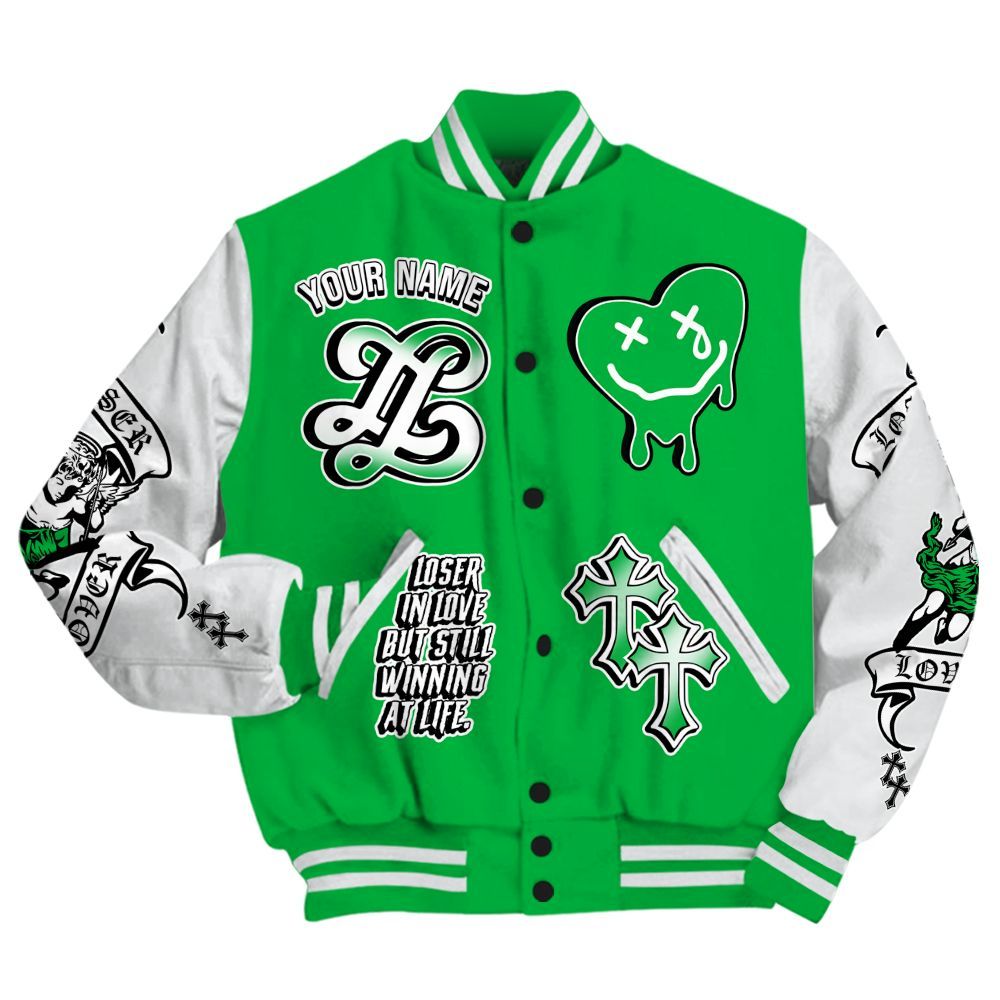 Varsity Jacket To Match Lucky Green 5s - LOVER LOSER Custom Name Baseball Varsity Jacket All Over Print