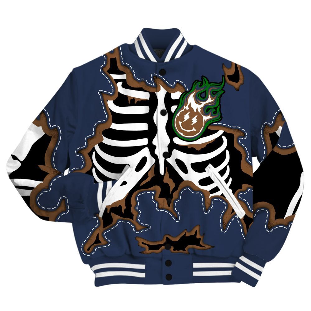 Varsity Jacket To Match Midnight Navy 13s Shirt, Skeleton Smiley Face All Over Print