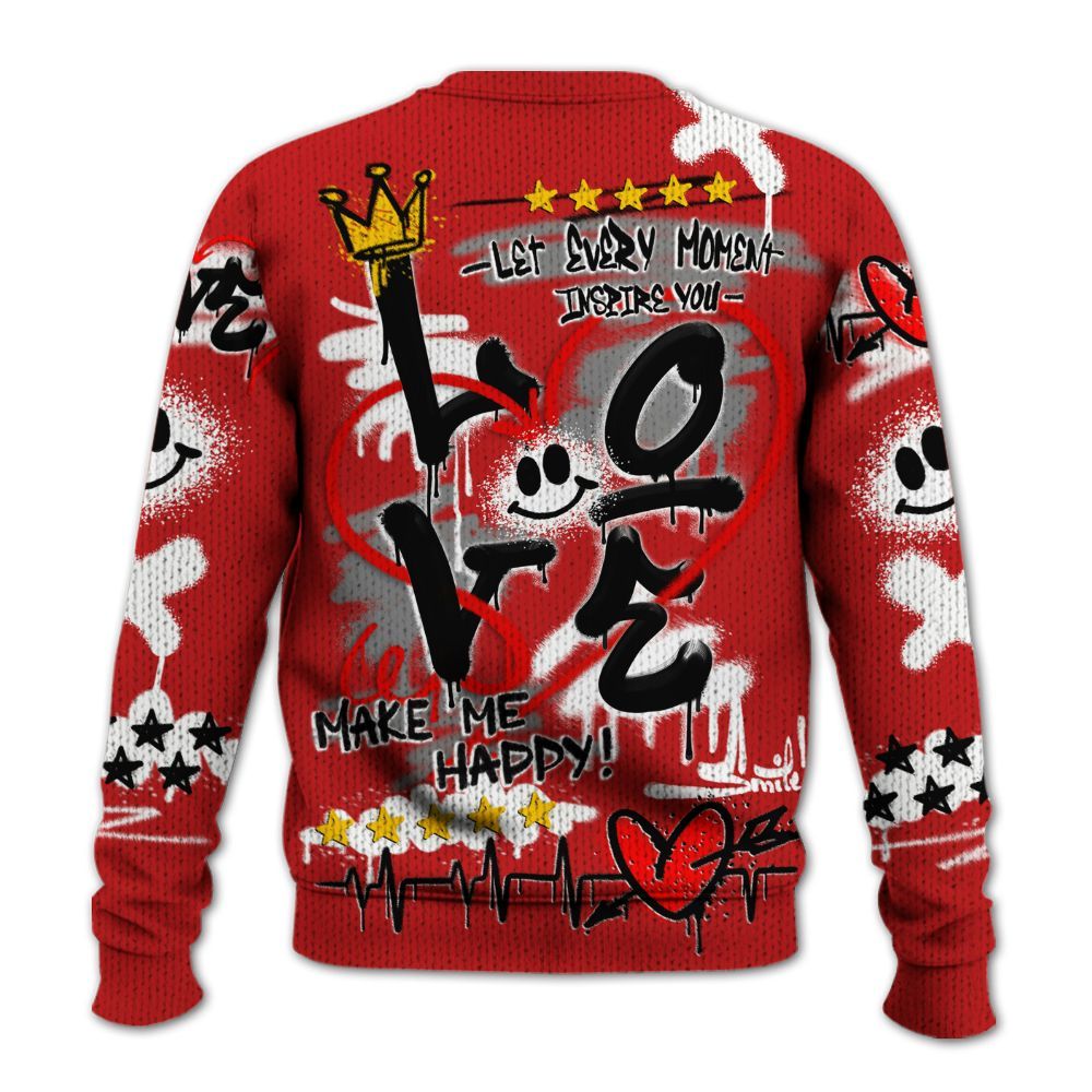 Knitted Sweater To Match Bred Reimagined 4s - Happy Love Beats Graffiti Streetwear