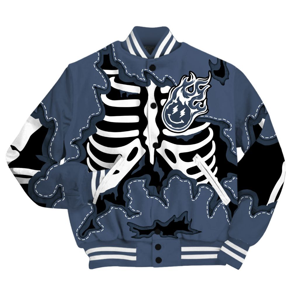 Varsity Jacket To Match Low Diffused Blue 11s Shirt, Skeleton Smiley Face All Over Print