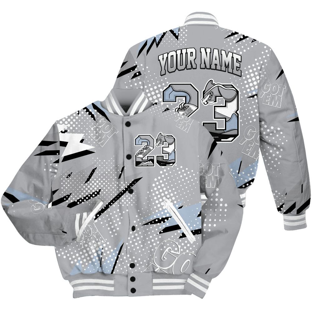 Varsity Jacket To Match Low OG Wolf Grey 1s Shirt, Custom Name Number 23 5s All Over Print
