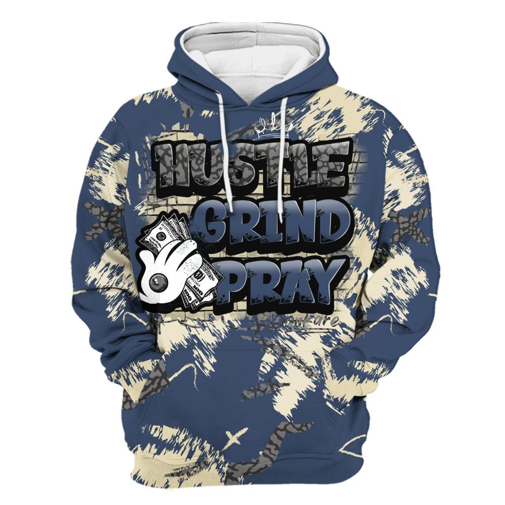 Hoodie To Match Diffused Blue 3s - Hustle Grind Pray Retro All Over Print