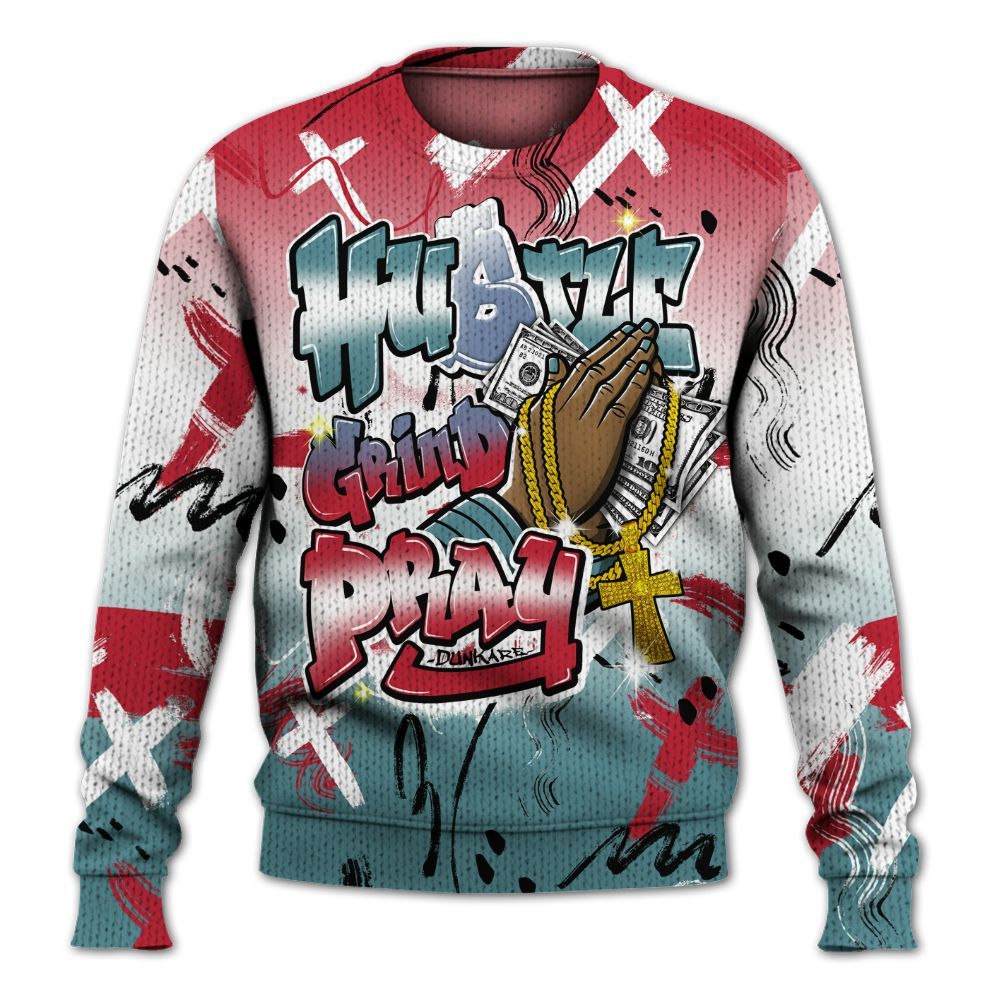 Knitted Sweater To Match Dunk Low Denim Turquoise Royal - Money Hustle Grind Pray