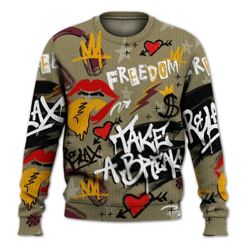 Knitted Sweater To Match Black Olive 7s - Take Break Freedom Graffiti Streetwear