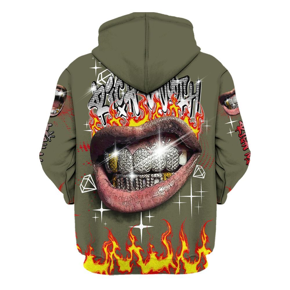 Hoodie To Match Low OG Medium Olive 1s - Rich Mouth Fire Rap Retro 90s All Over Print