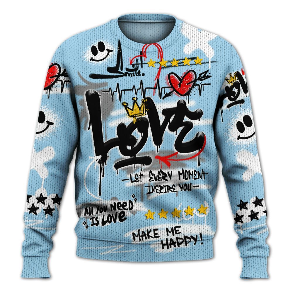 Knitted Sweater To Match Legend Blue 11s - Happy Love Beats Graffiti Streetwear