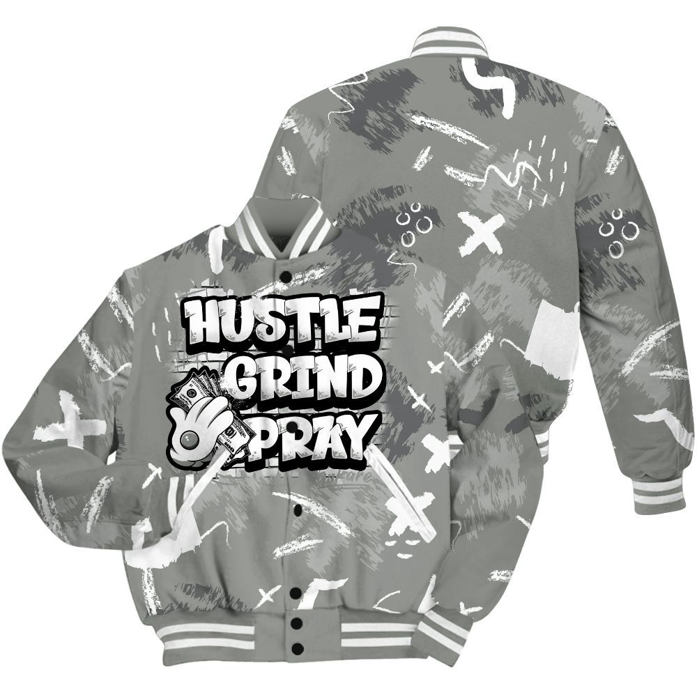 Varsity Jacket To Match Paris Cement Grey 4s - Hustle Grind Pray Retro All Over Print