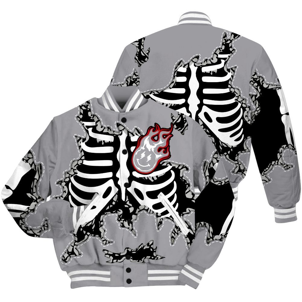 Varsity Jacket To Match Cement Grey 3s Shirt, Skeleton Smiley Face All Over Print