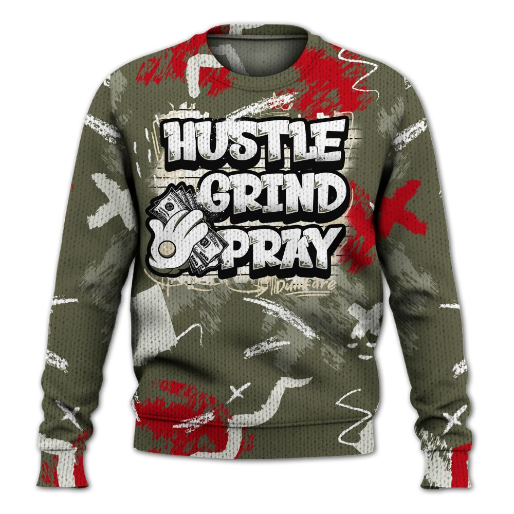 Knitted Sweater To Match Low OG Medium Olive 1s - Hustle Grind Pray Retro