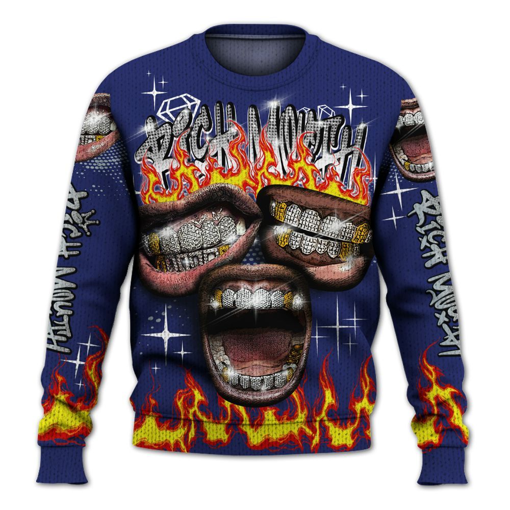 Knitted Sweater To Match Midnight Navy 11s - Rich Mouth Fire Rap Retro 90s