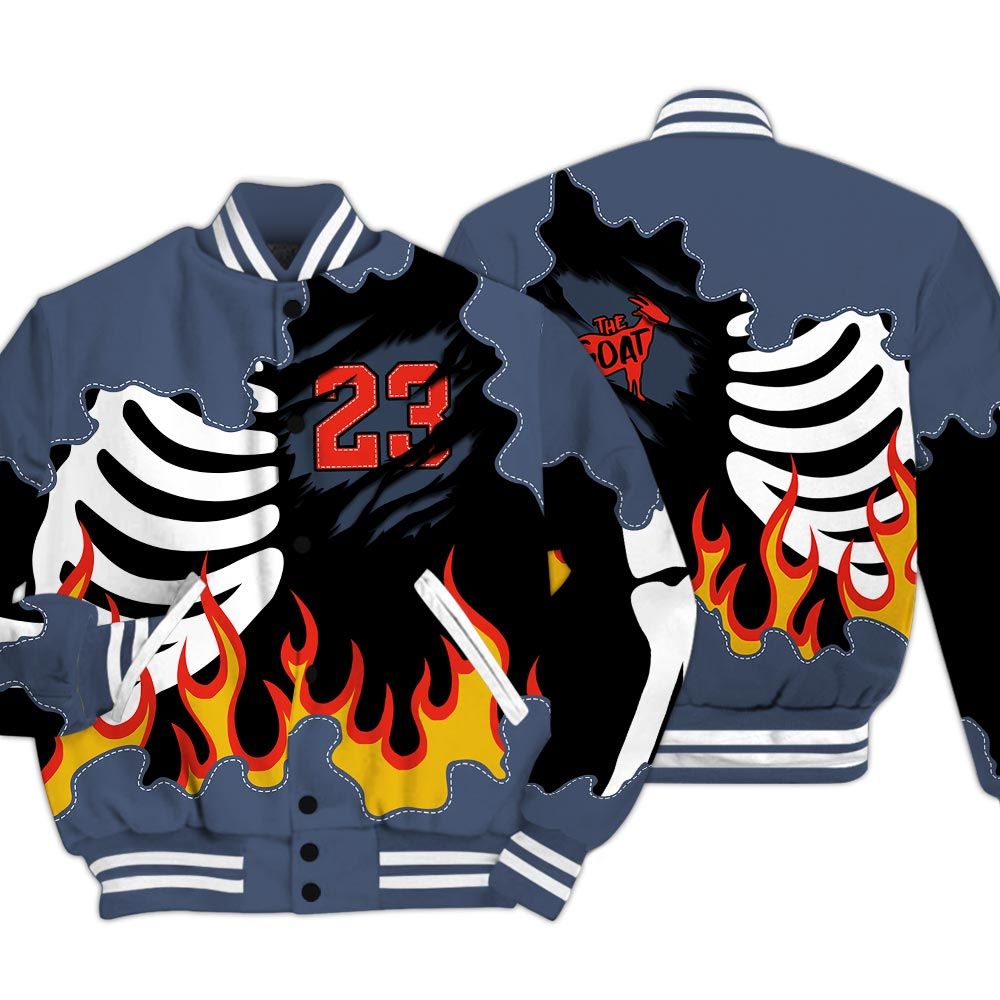 Varsity Jacket To Match Low Diffused Blue 11s - Burning Skeleton 23 G.O.A.T Baseball Varsity Jacket Outfit