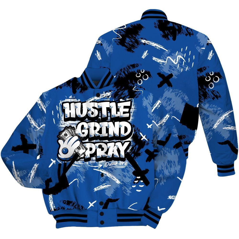 Varsity Jacket To Match Low Space Royal 11s - Hustle Grind Pray Retro All Over Print