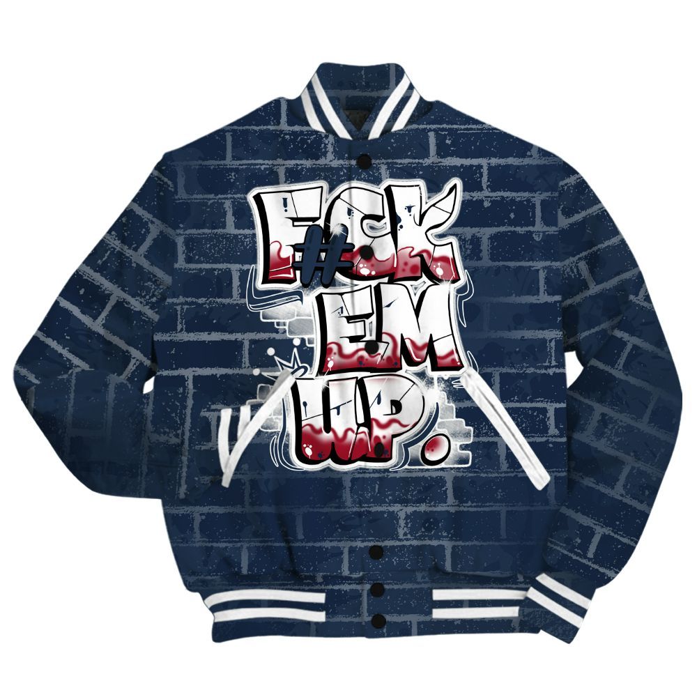 Varsity Jacket To Match White Midnight Navy 6s Shirt - F#ck Em Graphic Brick Art All Over Print