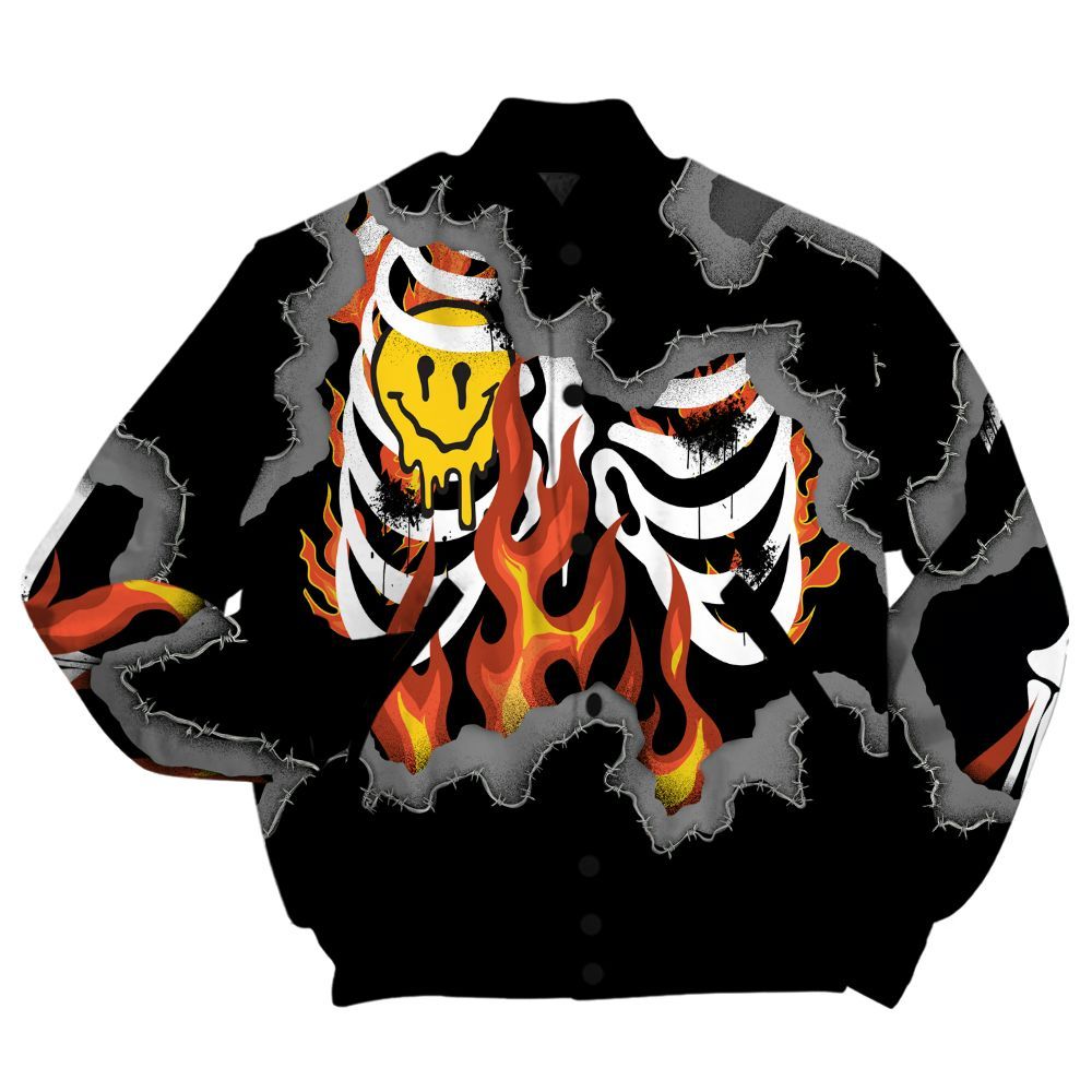 Varsity Jacket To Match White Thunder 4s Shirt, Skeleton On Fire Skrrt All Over Print