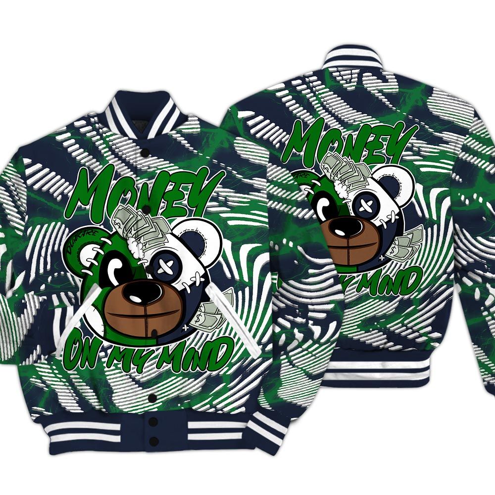 Varsity Jacket To Match Midnight Navy 13s - Money On My Mind Bear Fume Varsity Jacket Unisex