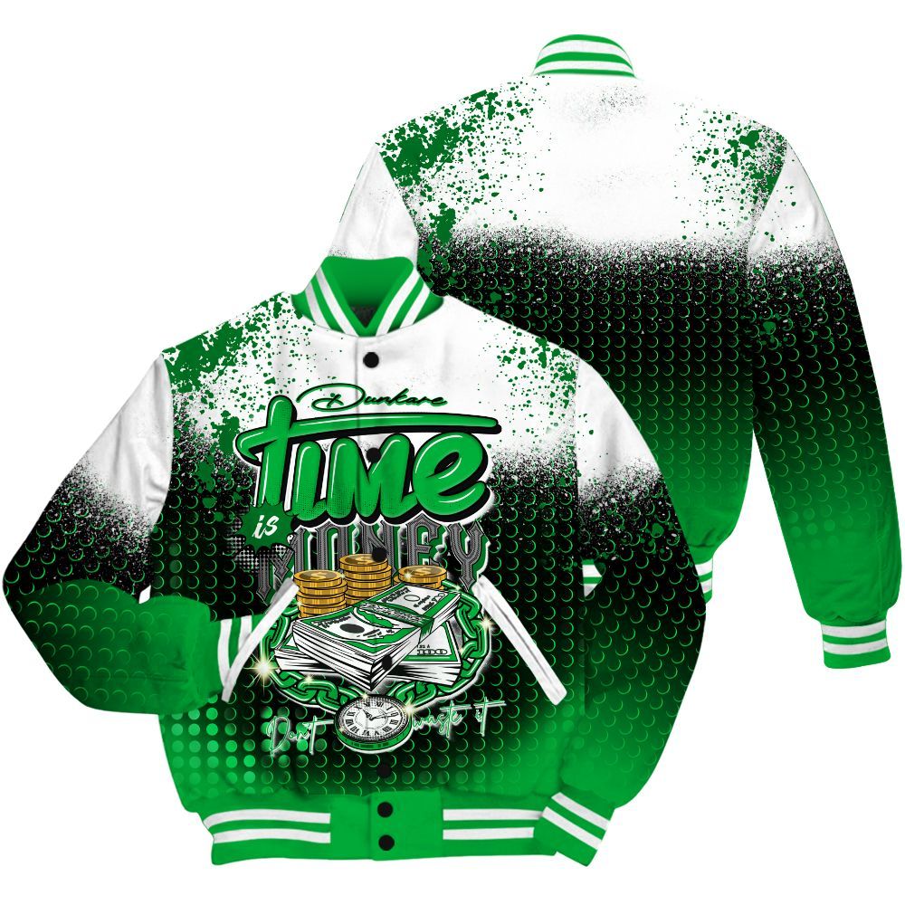 Varsity Jacket To Match Lucky Green 5s Shirt, Halftone Time Is Money All Over Print