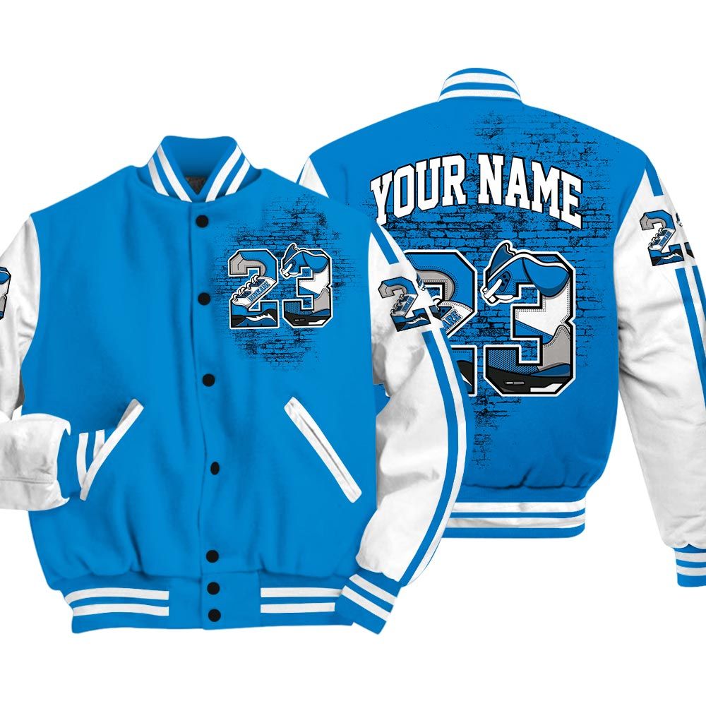 Varsity Jacket To Match Varsity Custom Name Number 23 5s, Military Blue 4s Baseball - To Match Sneaker Industrial Blue 4s Graphic Tee 1904 HDT
