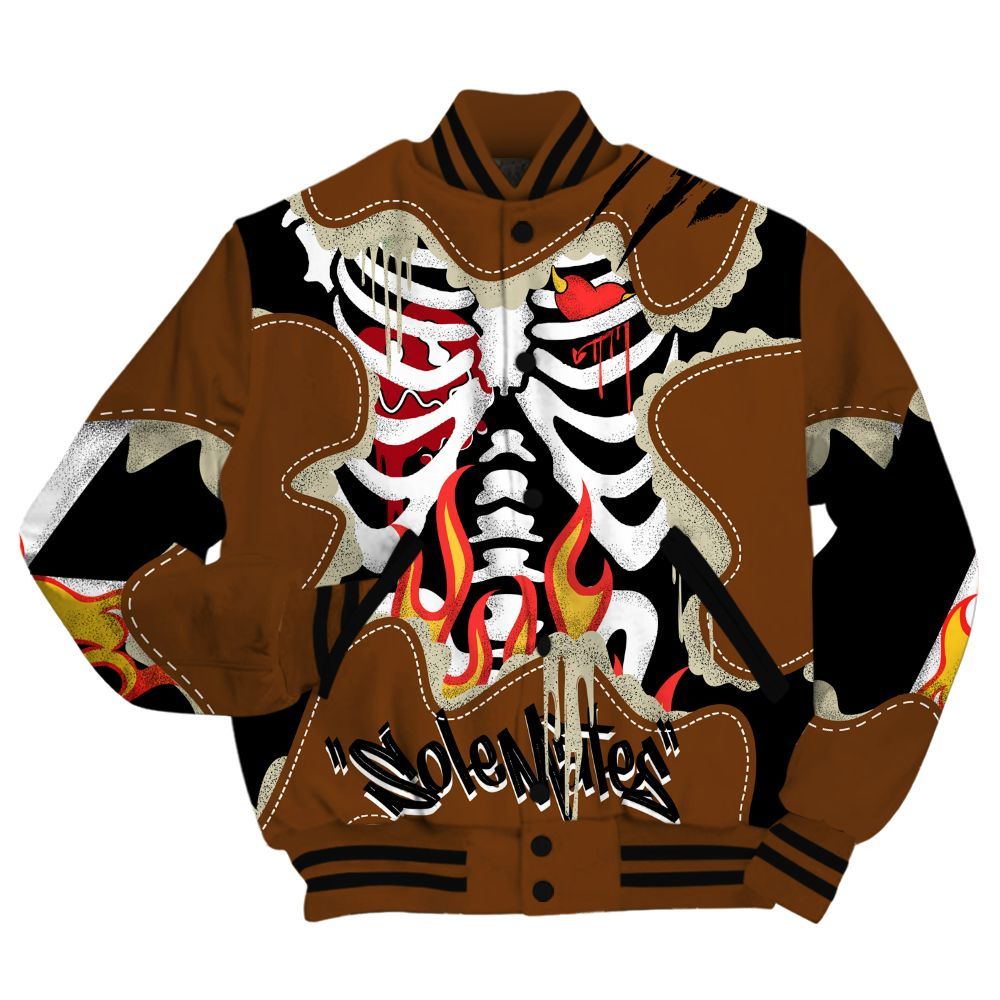 Varsity Jacket To Match Archaeo Brown 5s - Skeleton Burning Heart Drip All Over Print