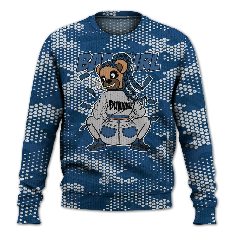 Knitted Sweater To Match High OG Midnight Navy 1s - Rebellious Girl Bear Banknotes Art