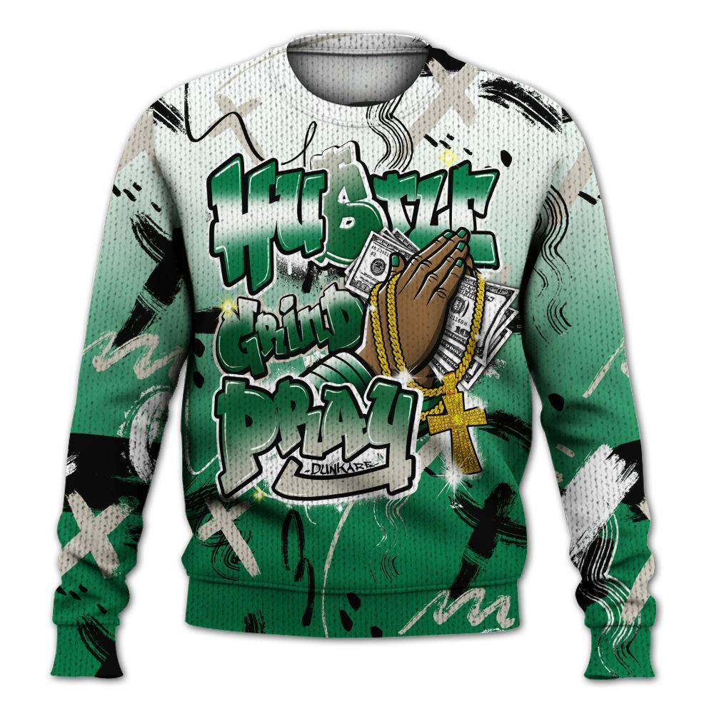 Knitted Sweater To Match Lucky Green 2s - Money Hustle Grind Pray