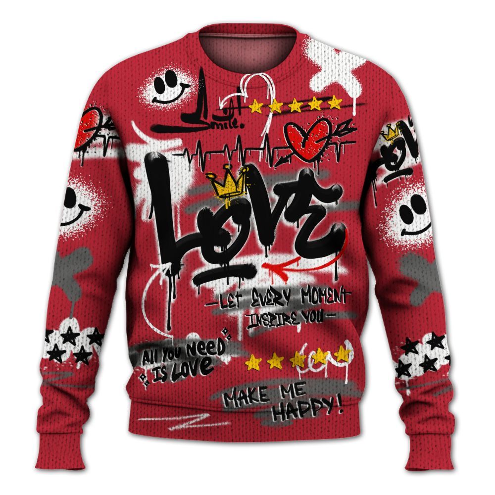 Knitted Sweater To Match Red Flint 13s - Happy Love Beats Graffiti Streetwear