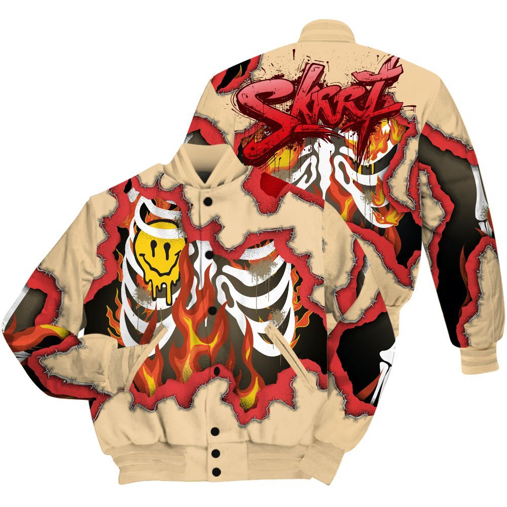 Varsity Jacket To Match Dunk Low Strawberry Waffle Shirt, Skeleton On Fire Skrrt All Over Print
