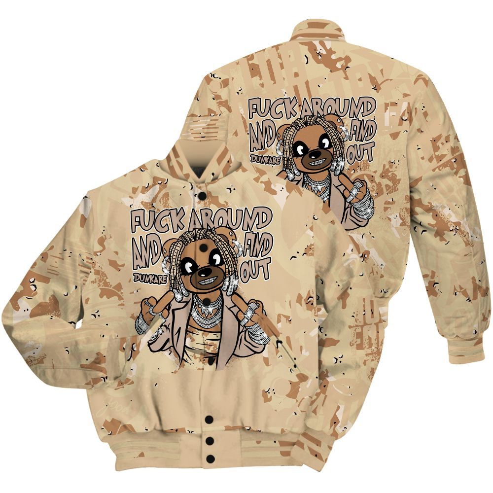 Varsity Jacket To Match Desert Camo 3s Shirt - F#ck Around Bear Bear Monogram Graffiti All Over Print