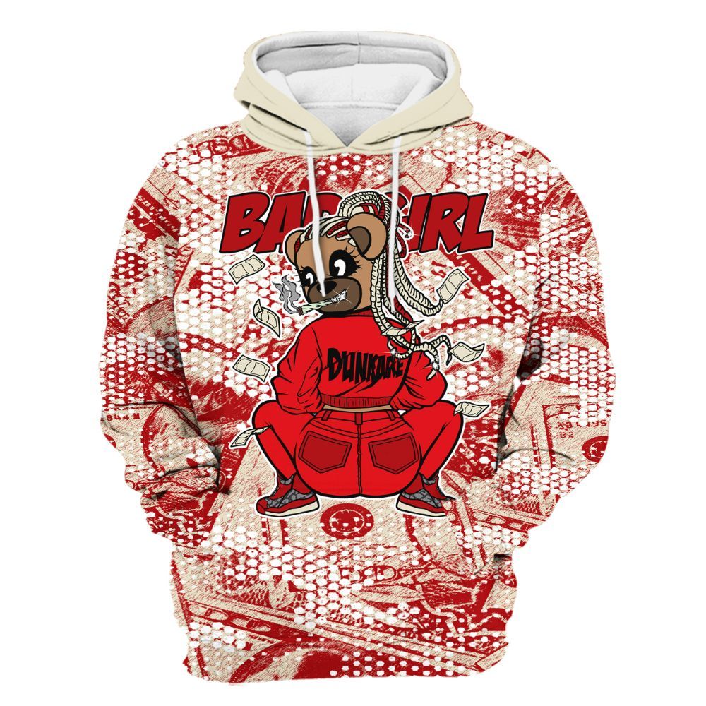 Hoodie To Match Cement Grey 3s - Rebellious Girl Bear Banknotes Art All Over Print