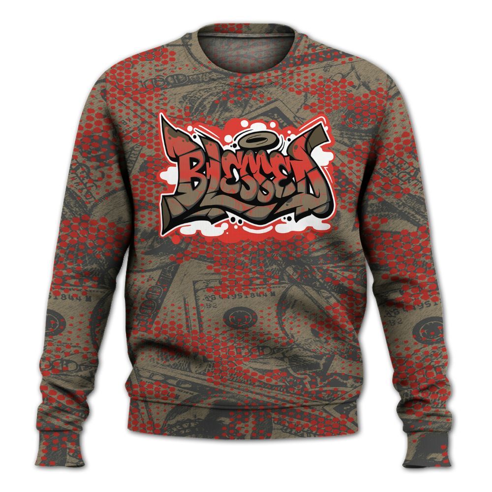Sweatshirt To Match Olive 9s - Blessing Graphic Banknotes All Over Print