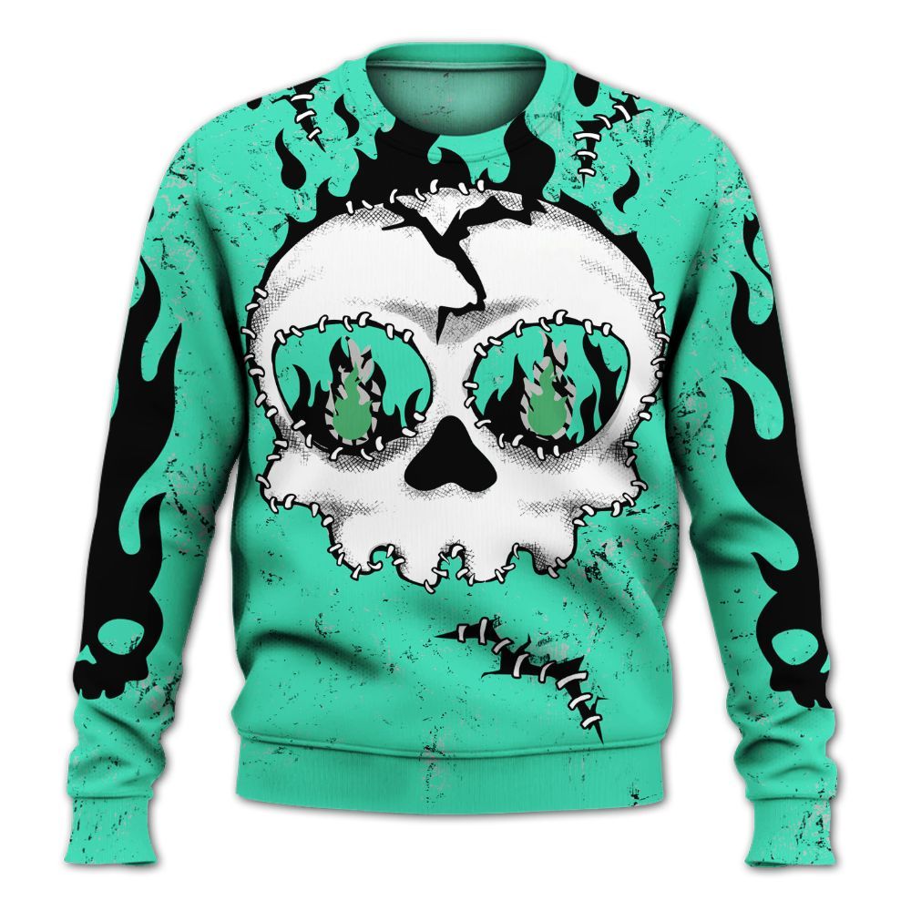 Sweatshirt To Match Black Green Glow 3s - Cracked Skull Stitches Green Glow 3s All Over Print