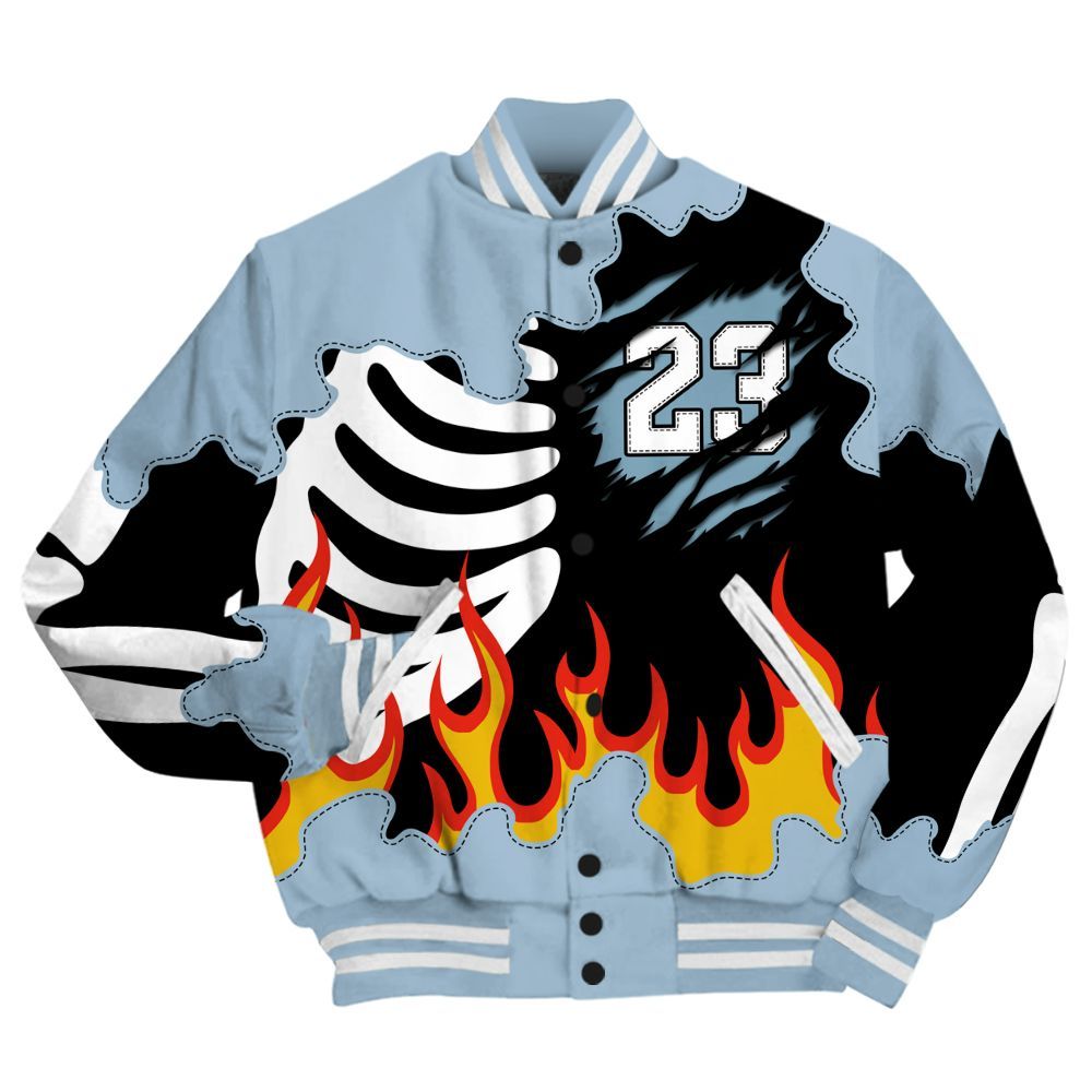 Varsity Jacket To Match Mid Ice Blue 1s - Burning Skeleton 23 G.O.A.T All Over Print