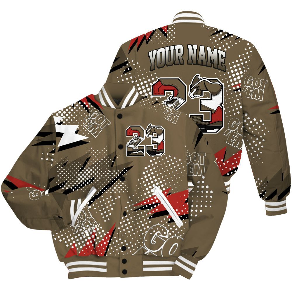 Varsity Jacket To Match Olive 9s Shirt, Custom Name Number 23 5s All Over Print