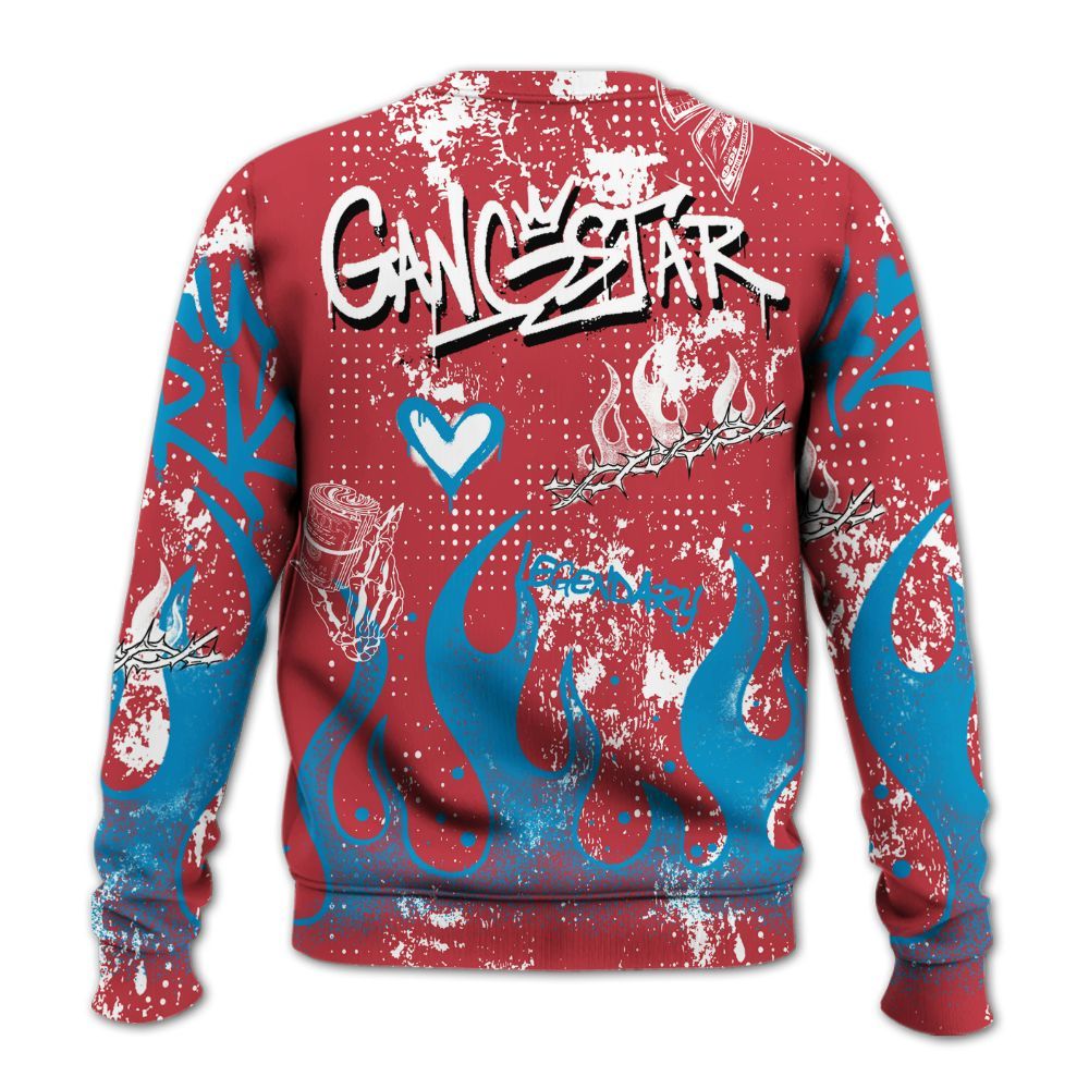 Sweatshirt To Match High OG University Red Dark Powder Blue 1s - Lucky Money Paid In Full Graffiti All Over Print