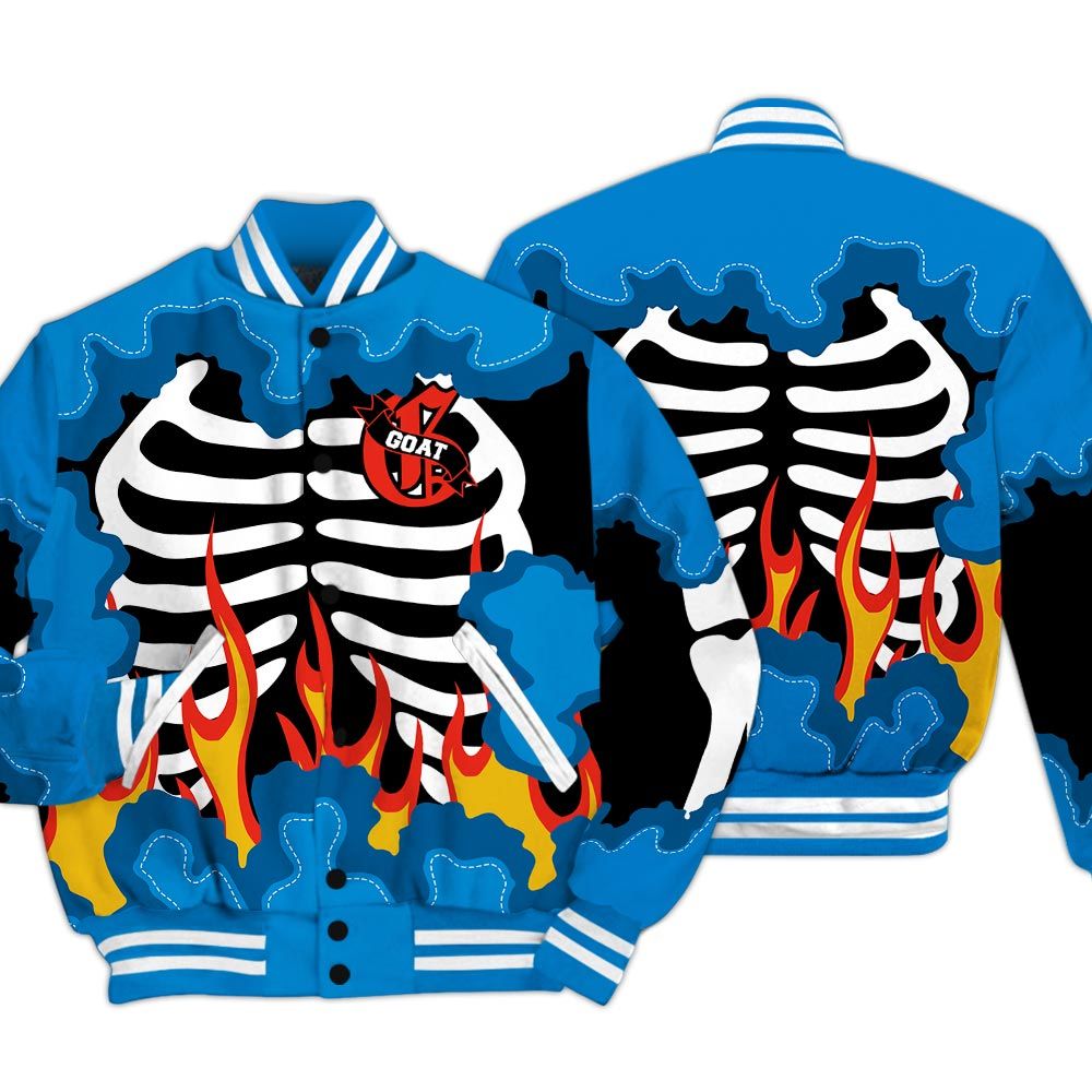 Varsity Jacket To Match Industrial Blue 4s - G.O.A.T 23 Skeleton Flame Baseball Varsity Jacket Military Blue 4s Outfit