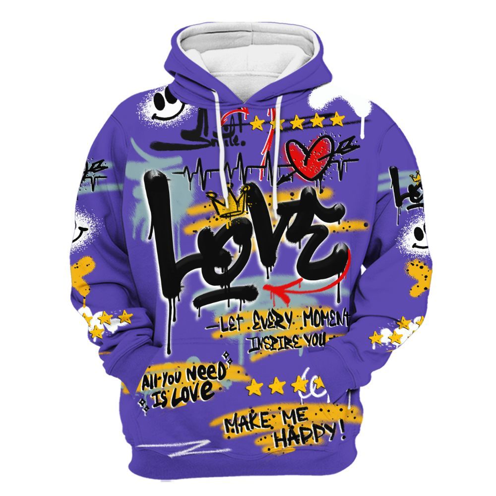 Hoodie To Match Imperial Purple 4s - Happy Love Beats Graffiti Streetwear All Over Print