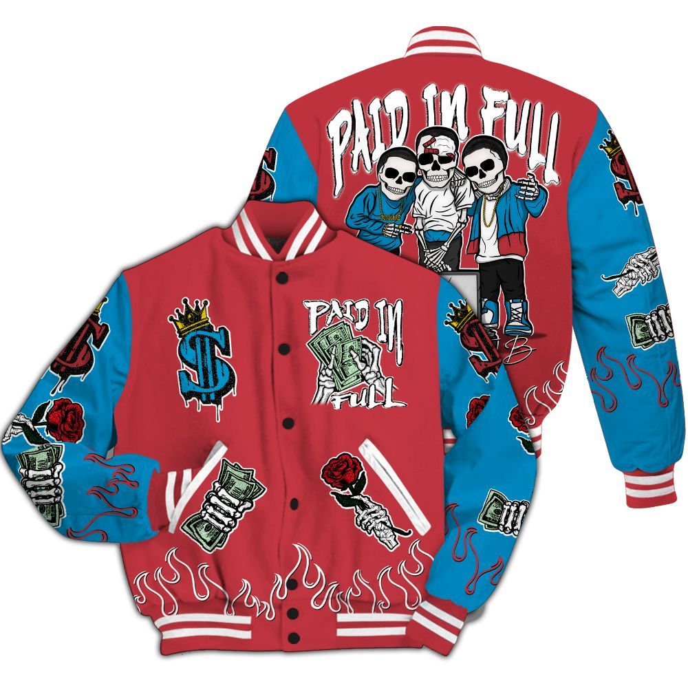 Varsity Jacket To Match High OG University Red Dark Powder Blue 1s - Fire Everybody Paid In All Over Print