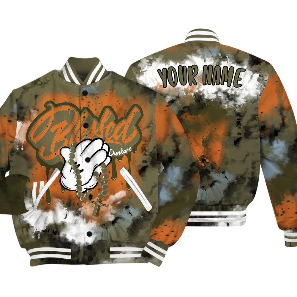 Varsity Jacket To Match Varsity Streetwear God Blessed Drip Tie Dye, Olive 5s T-Shirt, To Match Sneaker Olive 5s Baseball Varsity Jacket 1704 NCT