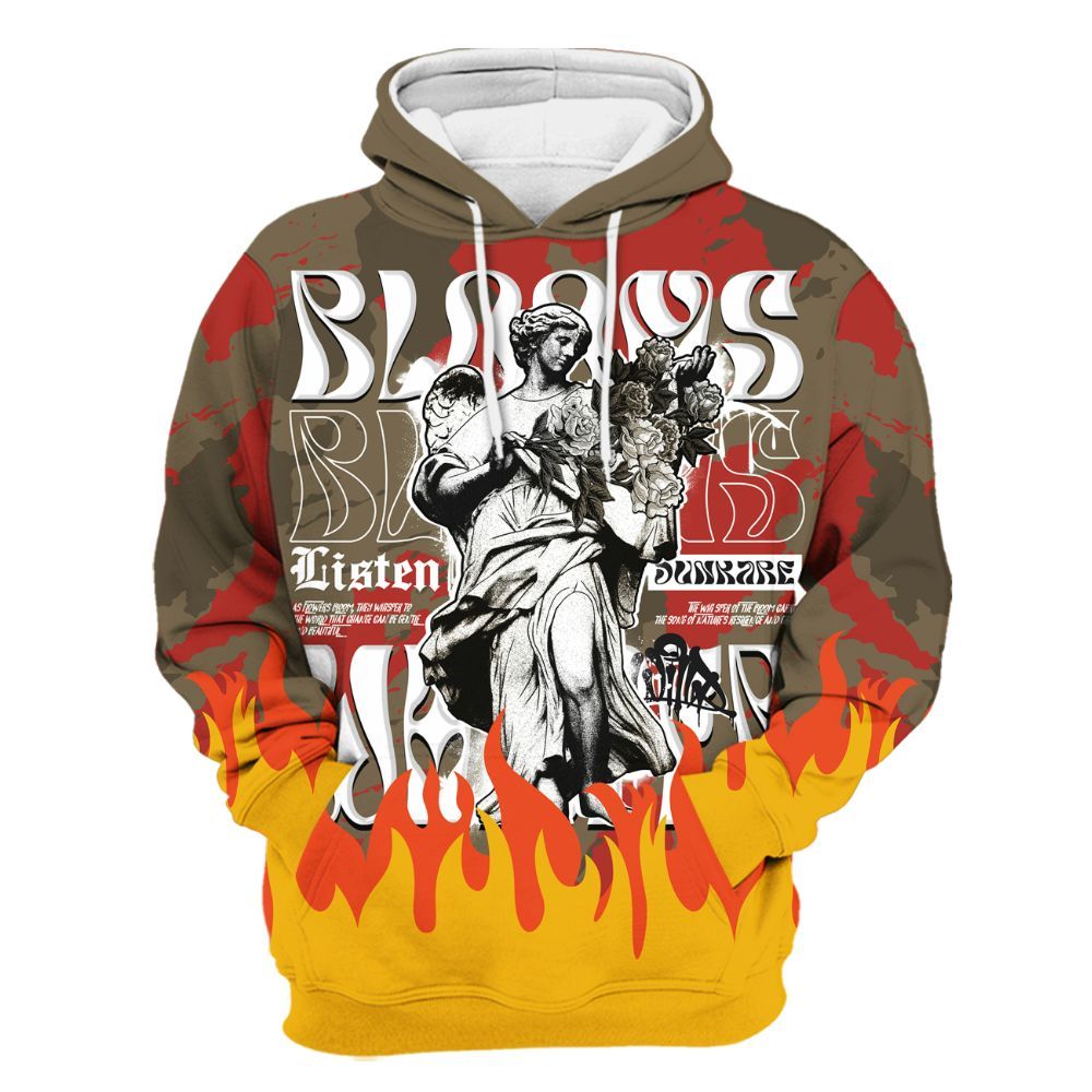 Hoodie To Match Olive 9s - Blooms Whisper Retro All Over Print