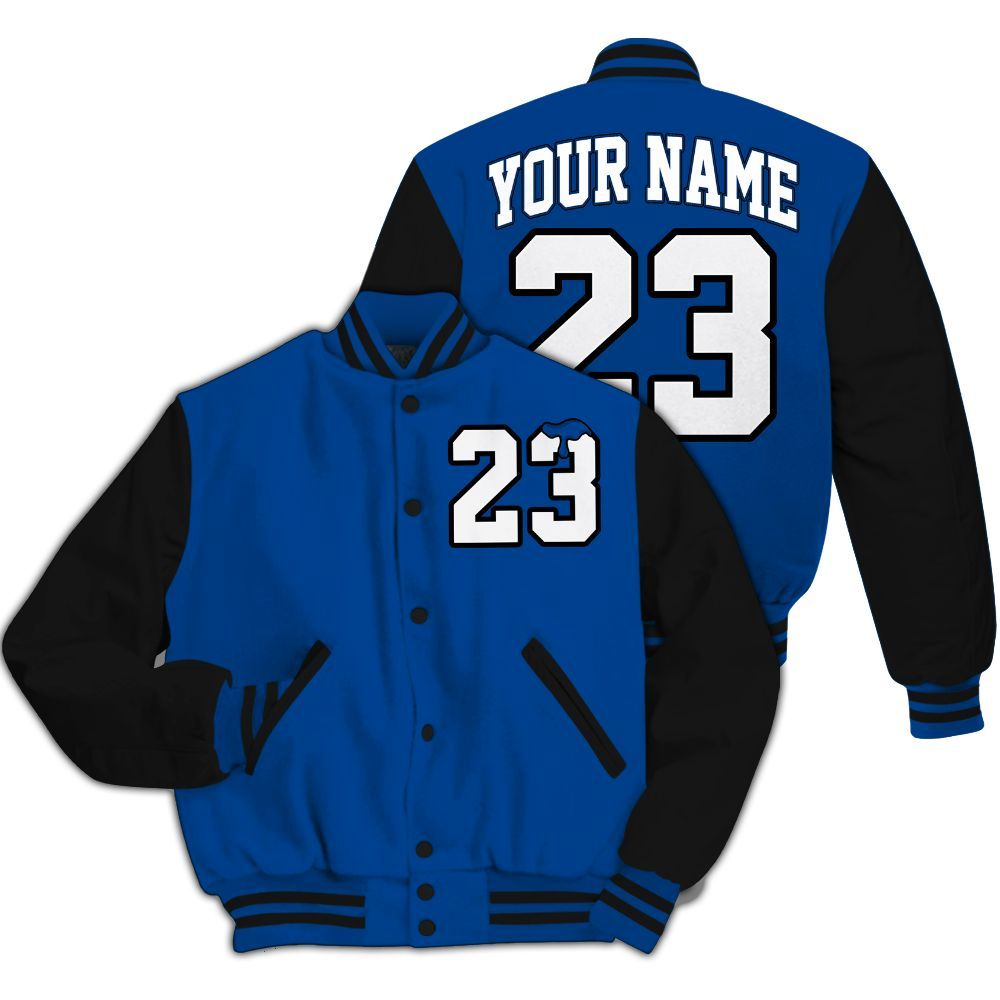 Varsity Jacket To Match Low 85 Royal 1s Shirt - Custom Name Number 23 Drip All Over Print