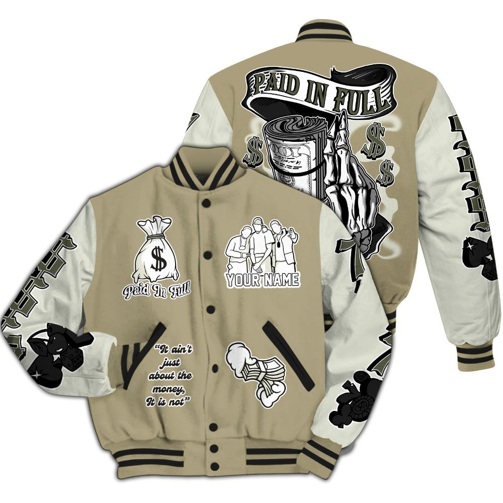 Varsity Jacket To Match Low OG Medium Olive 1s - Paid In Full Baseball Varsity Jacket Custom Name All Over Print