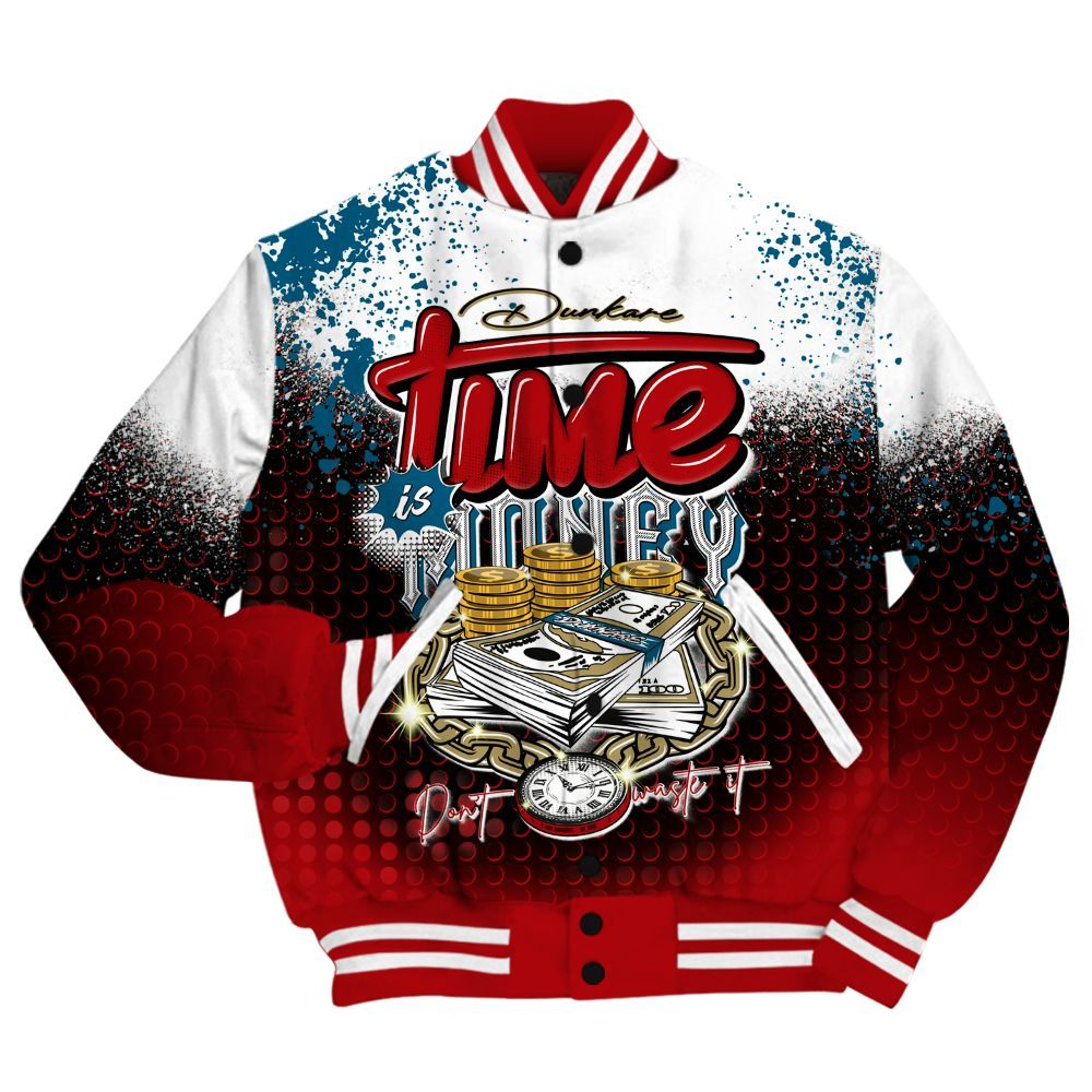 Varsity Jacket To Match OG Varsity Red 17s Shirt, Halftone Time Is Money All Over Print