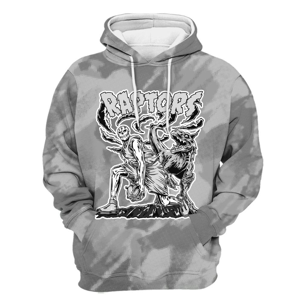 Hoodie To Match Black Wolf Grey 12s - Raptors Skeleton Abstract Halftone All Over Print