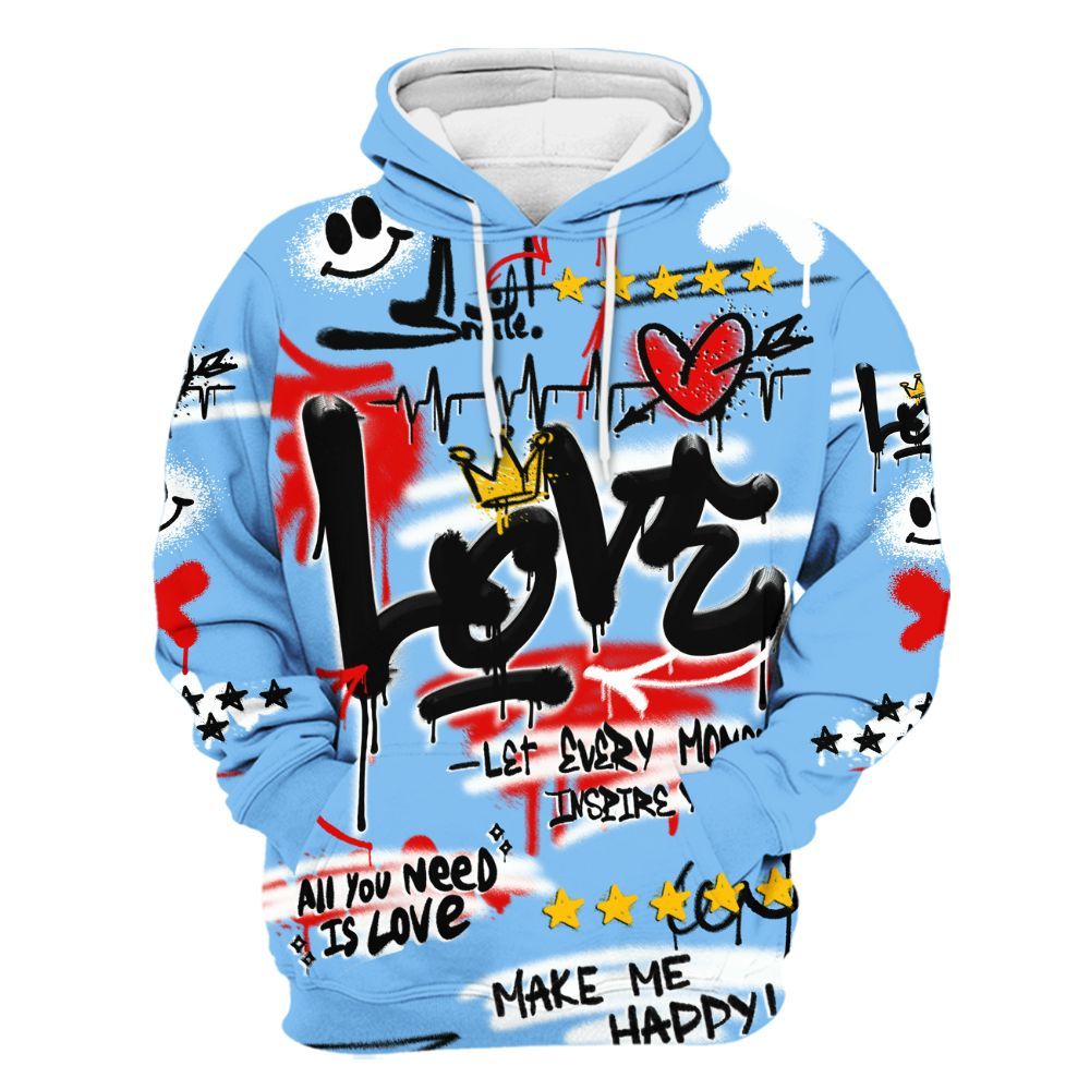 Hoodie To Match University Blue 5s - Happy Love Beats Graffiti Streetwear All Over Print