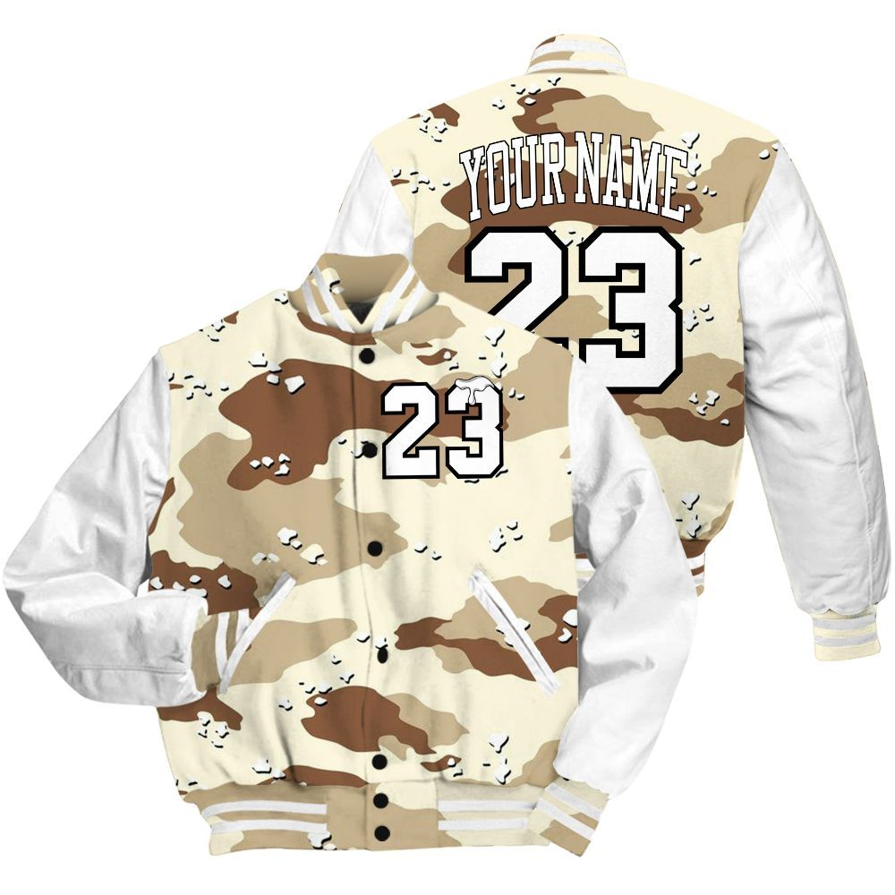 Varsity Jacket To Match Desert Camo 3s - Custom Name Number 23 Drip All Over Print