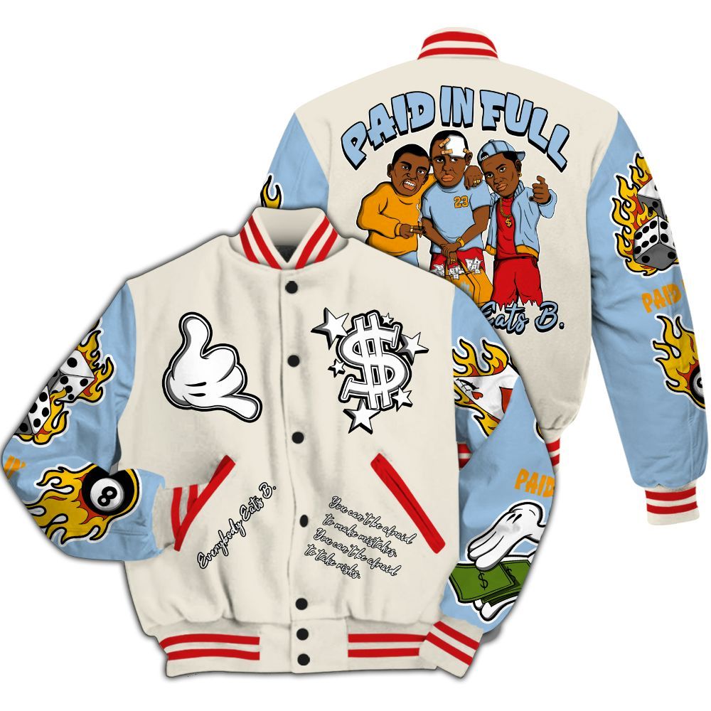 Varsity Jacket To Match Retro High OG Pale Ivory Psychic Blue 1s - Everybody Paid In Full Graphic All Over Print