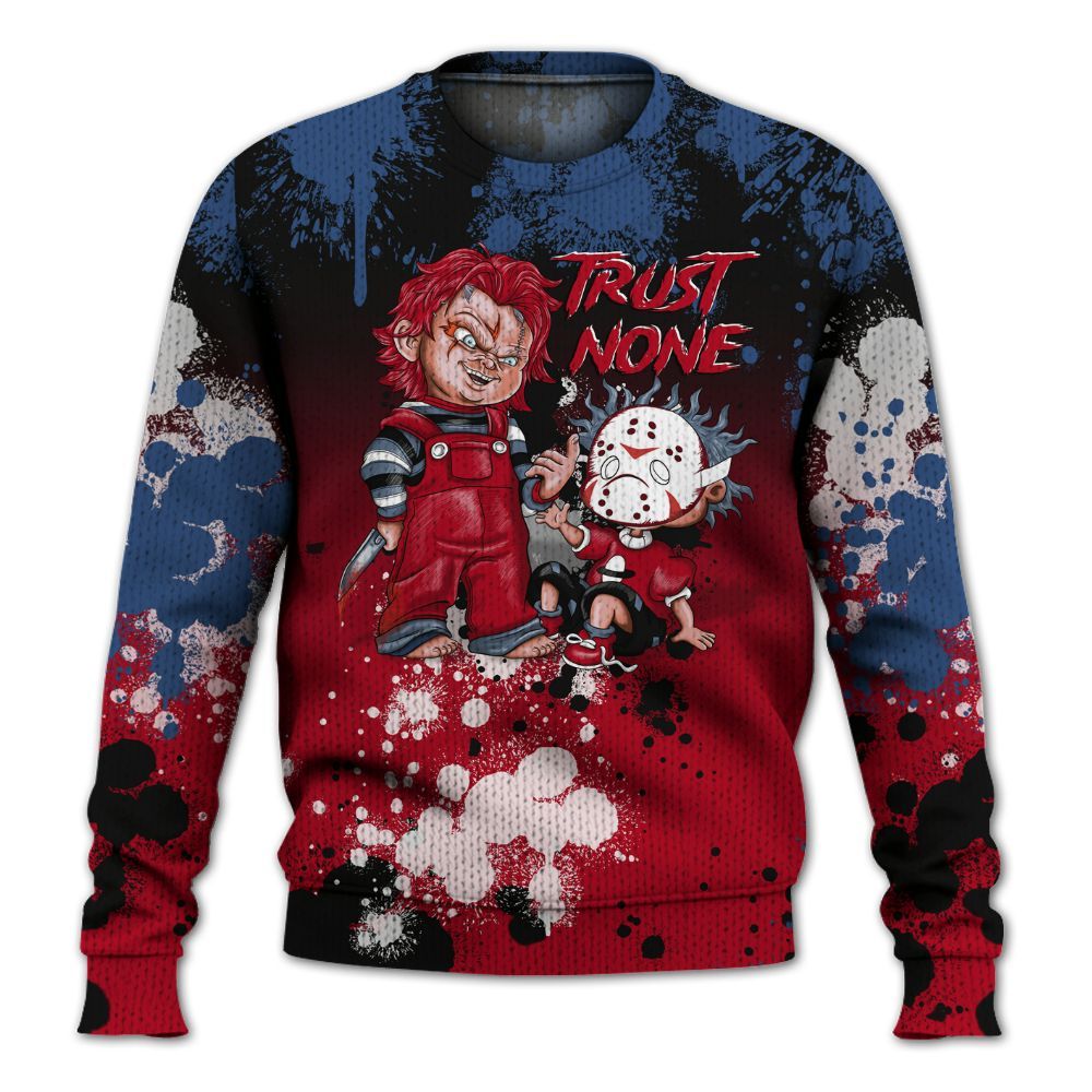 Knitted Sweater To Match Air Griffey Max Black Red Navy Blue 1s - Trust No One Scary